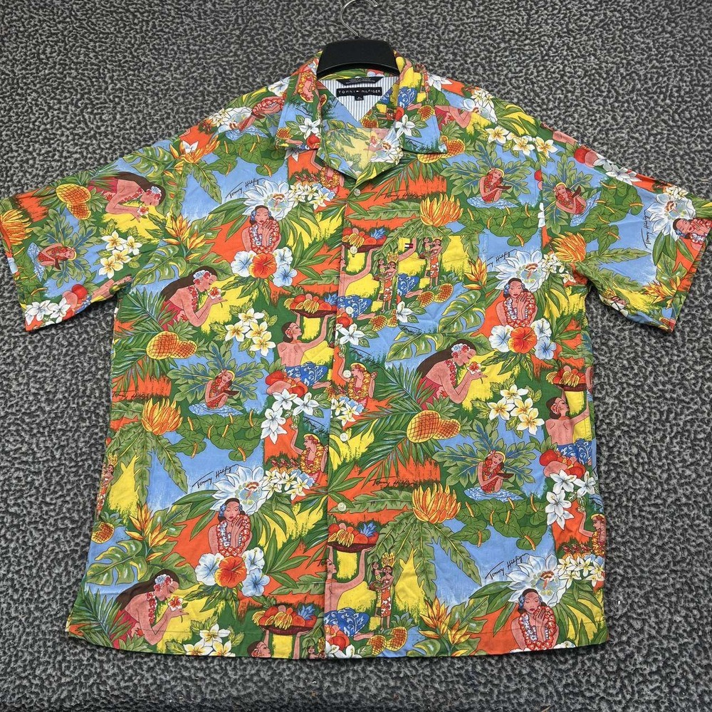 Tommy Hilfiger Button Up Shirt Men XL Hawaiian Tropical Hula Girl Floral Rayon
